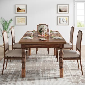Halseey Walnut Rectangle Wood Rectangle 62 in. 4-Legs Carved Turned Breakfast Dinner Kitchen Dining Table Seats 6