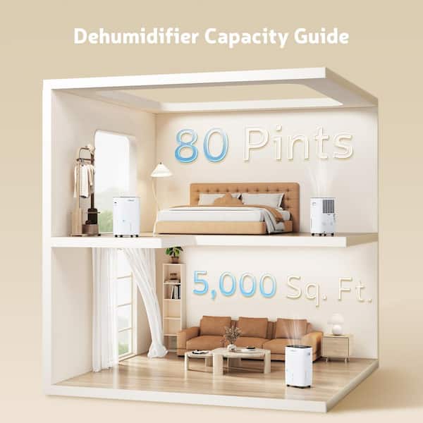 High Humidity 80 pt. 5,000 sq. ft. Energy Star Dehumidifier for Bedroom, Basement or Damp Rooms in White with Bucket