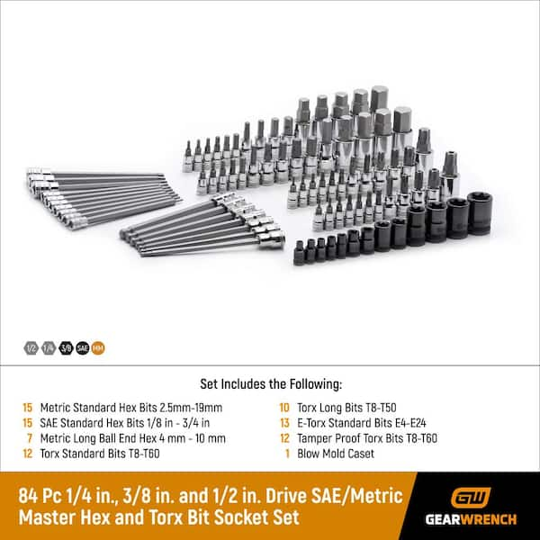 1/4 in., 3/8 in., and 1/2 in. Drive SAE/Metric Master Hex and Torx Bit Socket Set (84-Piece)