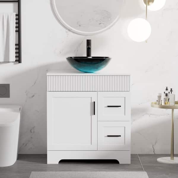 30 in. W x 20 in. D x 32 in. H Single Sink White Bath Vanity with Turquoise Glass Vessel Sink Top