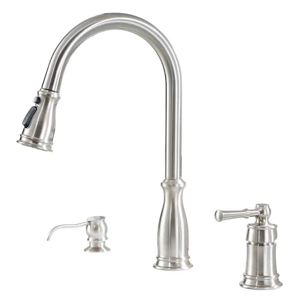 Boyel Living 3-Spray Patterns Single Handle 1.8 GPM Pull Down Sprayer Kitchen Faucet with Soap Dispenser in Brushed Nickel