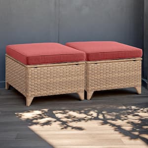 Yellow Wicker Outdoor Ottoman with Red Cushions (2-Pack)