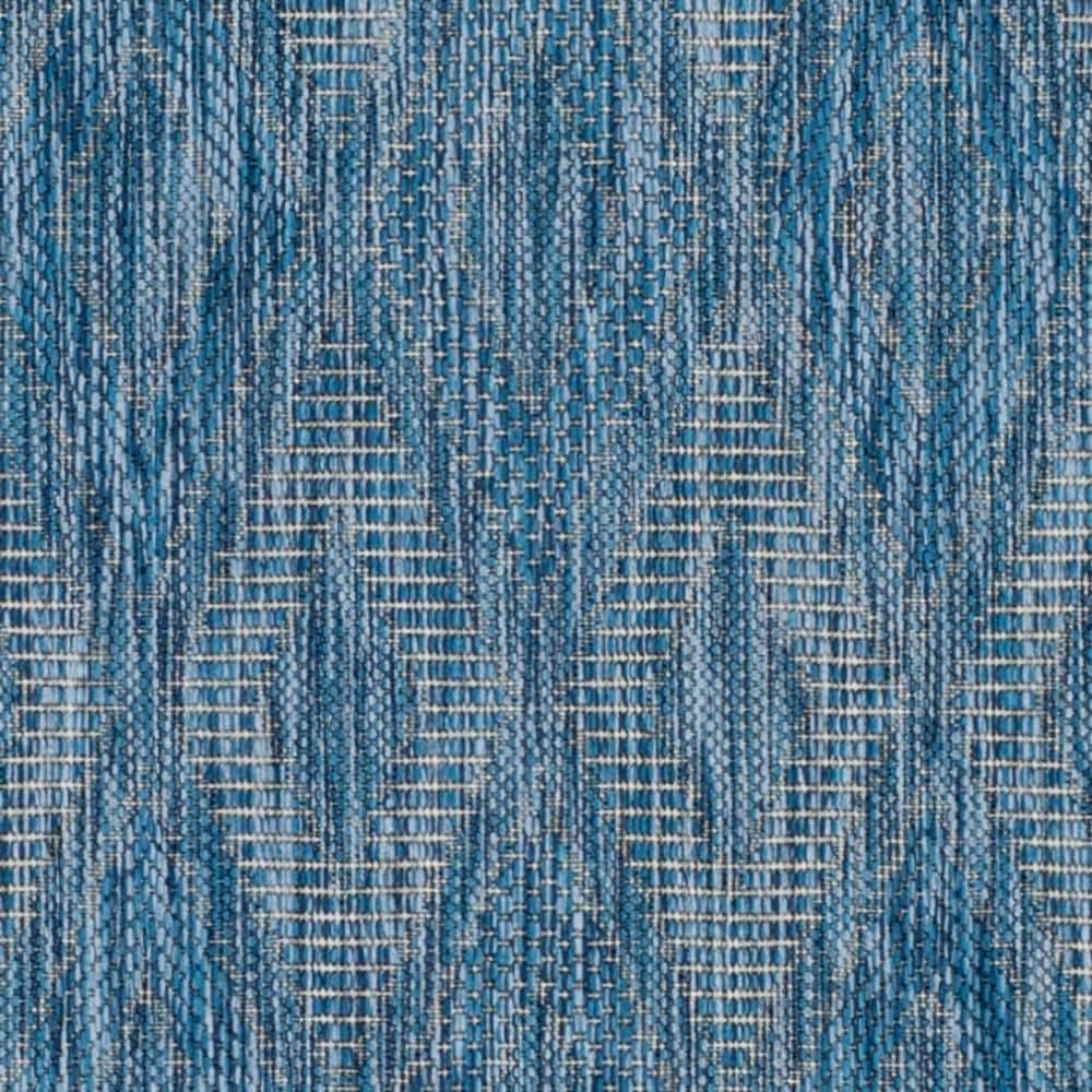Blue Geometric Low Pile Outdoor Runner Rug