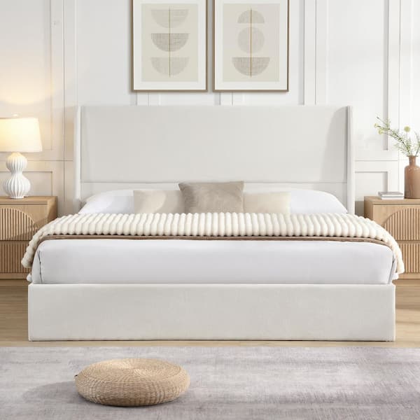 Torvin Modern Beige Chenille Upholstered Wood Frame King Size Platform Bed with High Wingback Headboard