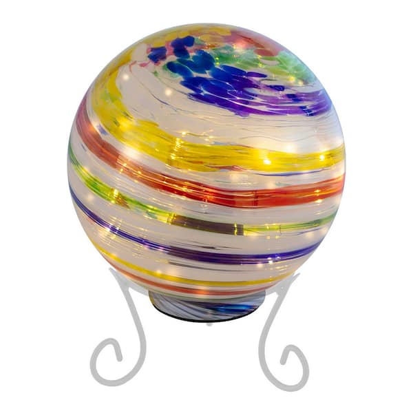 Alpine Corporation 8 in. Dia Indoor/Outdoor Glass Gazing Globe with LED Lights and Stand, Multicolor