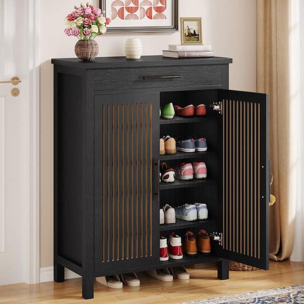BYBLIGHT 43 in. H x 32 in. W Black Wood Shoe Storage Cabinet with Adjustable Shelves and Drawer for Entryway, Hallway, Closet