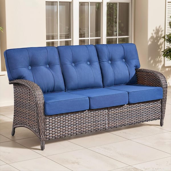 Modern Seaside Series 3-Seat Wicker Outdoor Patio Sofa Couch with Deep Seating and Blue Cushions