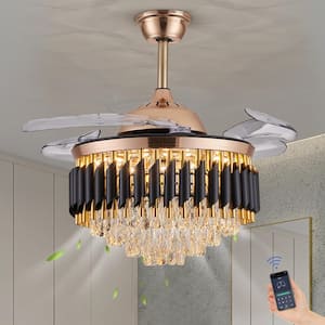 42 in. Indoor Dimmable LED Crystal Ceiling Fan with Light Modern Gold Retractable Fan Light with Remote