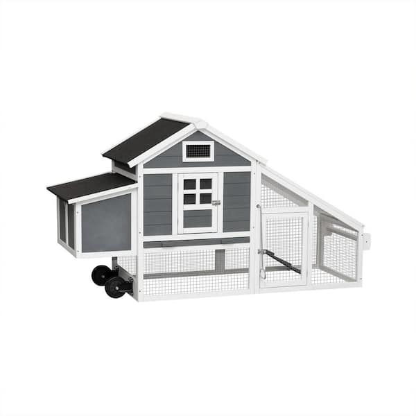 Foobrues Wooden Outdoor Chicken Hutch Coop with Running Cage and Wheels in Gray