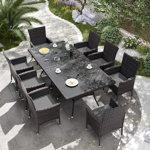 10-Piece Wicker Patio Outdoor Dining Set with Glass Tabletop, 1.5 in. Umbrella Hole and Grey Cushion