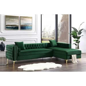 Olivia Hunter Green/Silver/Gold Velvet 4-Seater L-Shaped Right-Facing Sectional Sofa with Nailheads