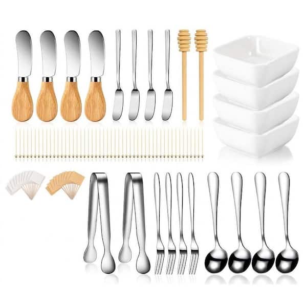 Charcuterie Board Cheese Spreader Knife Kit with 3 oz. Ceramic Dip Bowls, Mini Tongs, Spoons, Forks, Set