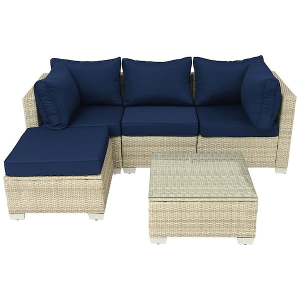 Sudzendf Light Gray 5-Piece Wicker Outdoor Patio Conversation Set with Dark Blue Cushions and Coffee Table