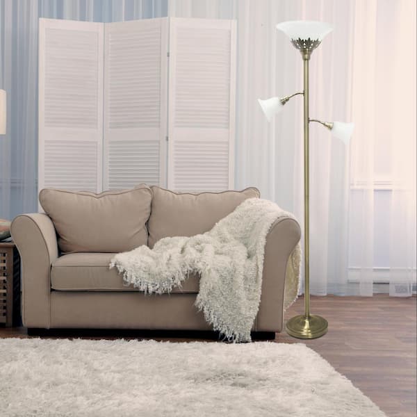 71 in. Antique Brass 3-Light Torchiere Floor Lamp with Scalloped Glass Shades