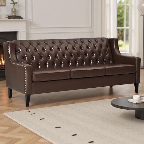 Will 78.75 in. Slope Arm Upholstered PU Leather Rectangle Button Tufted Sofa in Dark Brown with Naihead Trim