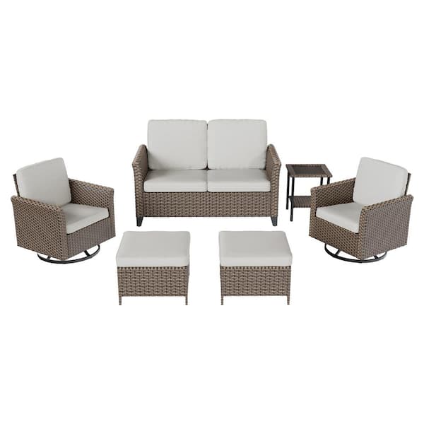 6-Piece Outdoor Wicker Patio Conversation Set with Beige Cushions, Loveseat, Ottoman, Side Table