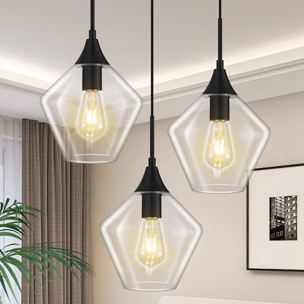 Deyidn 3-Light Dimmable Black Chandelier with Glass Shade and Height Adjustable, Pendant Lighting for Kitchen Island