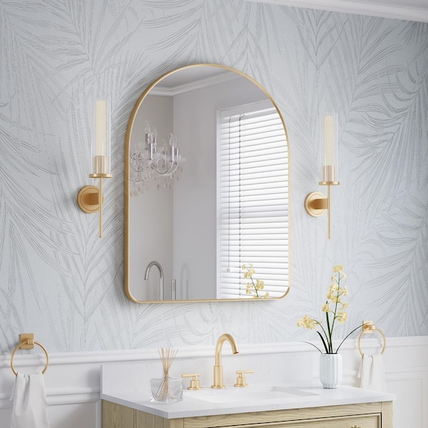 BELLA 28 in. W x 36 in. H Arch Anodized Aluminum Framed Bathroom Vanity Mirror in Brushed Gold