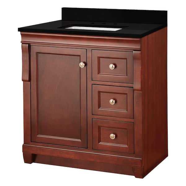 Home Decorators Collection Naples 31 in. W x 22 in. D Bath Vanity in Tobacco with Granite Vanity Top in Midnight Black with Trough White Basin