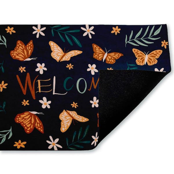 Welcome Butterflies and Botanicals Blue 18 in. x 30 in. Polyester Non-Slip Outdoor Door Mat