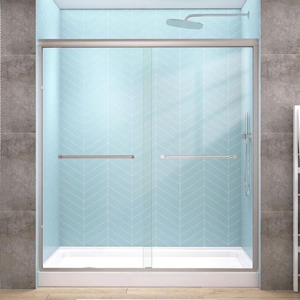 68-72 in. W x 72 in. H Double Sliding Semi-Frameless Shower Door in Brushed Nickel with 1/4 in. Clear Nano Coating Glass