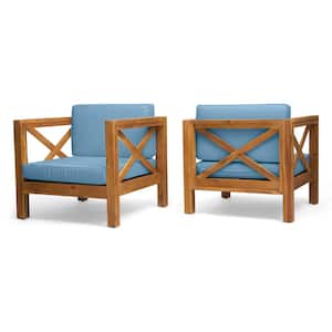 Brava Teak Brown Removable Cushions Wood Outdoor Patio Lounge Chair with Blue Cushion (2-Pack)