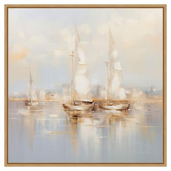 Amanti Art Gold Boats II by Lazar studio 30 in. W x 30 in. H. Canvas Wall Art Print Framed in Brown