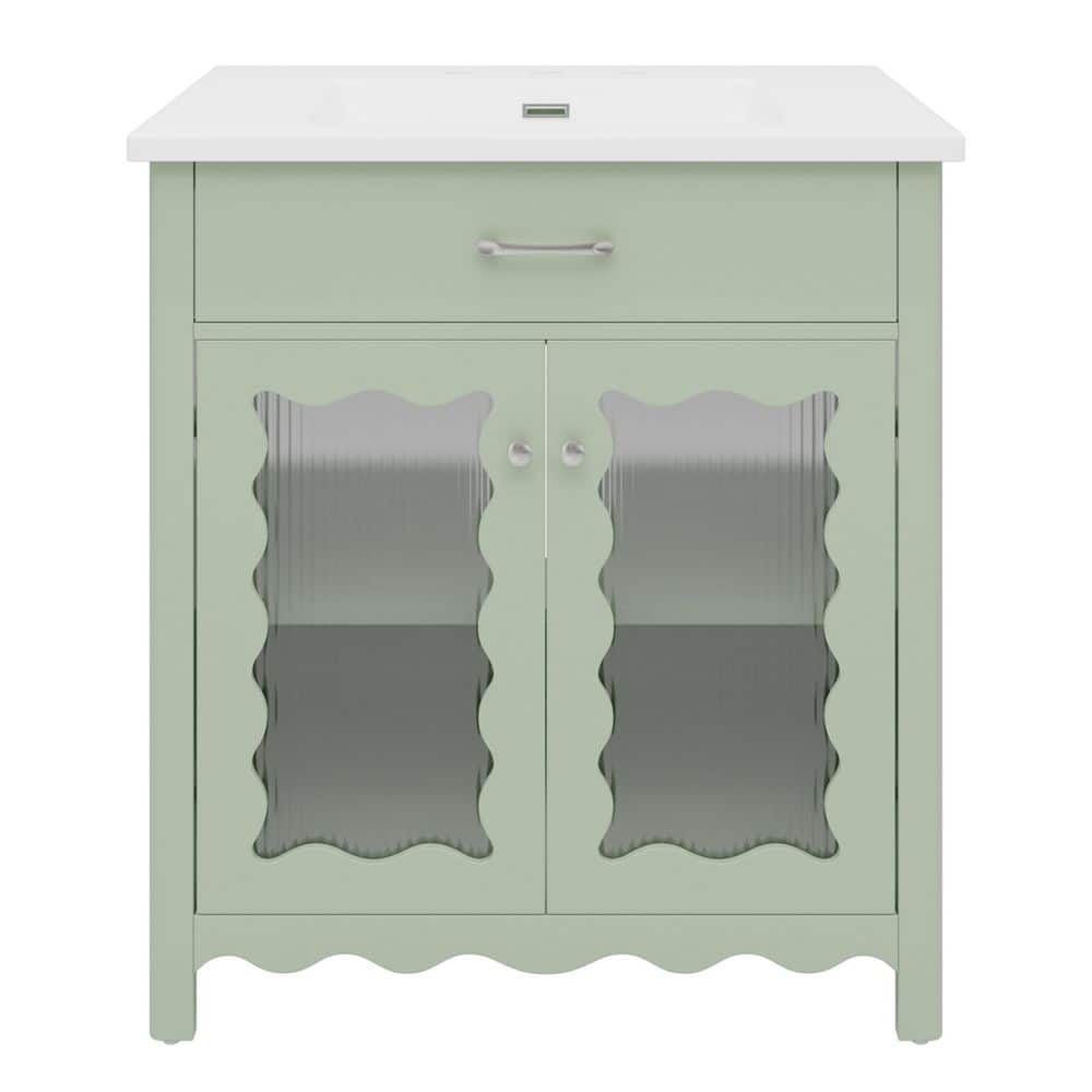 31 in. W x 19 in. D x 34 in. H Green Bath Vanity with White Ceramic Top, 2 Soft-Close Glass Doors, Rubber Wood legs price history on PriceWatchPro