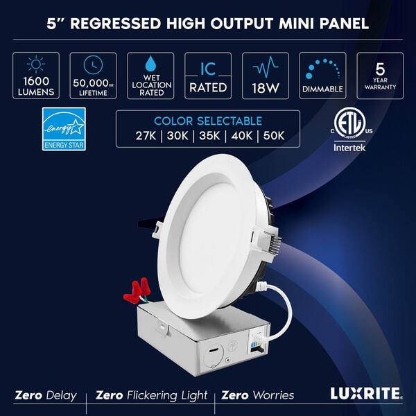 Luxrite 4 in. Adjustable LED Gimbal Canless Recessed Light with J-Box 5 CCT 12W 1000 Lumens IC Rated Damp Rated