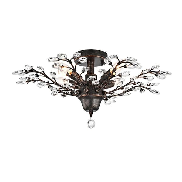 Jojospring Lluvia 23.6 in. 4-Light Crystal Leaves Antique Copper Flush Mount with No Bulbs Included