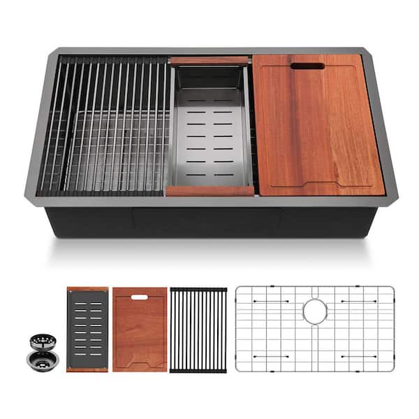30 in. Gunmetal Black Undermount Single Bowl 16-Gauge Stainless Steel Round Corner Workstation Kitchen Sink with Grid