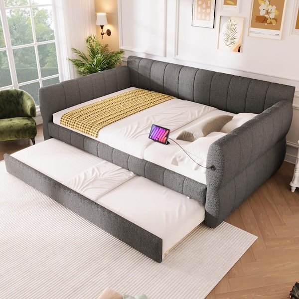 Gray Wood Frame Queen Size Lambswool Upholstered Platform Bed Daybed with Twin Trundle, USB