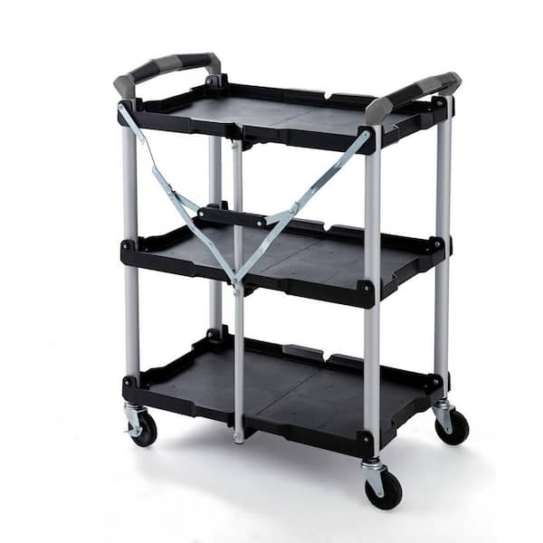 PACK-N-ROLL 3-Shelf Collapsible 4-Wheeled Resin Multi-Purpose Utility Cart in Black/Gray