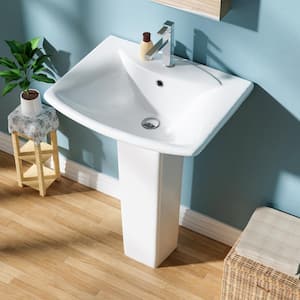 24 in. Pedestal Combo Bathroom Sink White Vitreous China Rectangular Pedestal Sink with Overflow Drain 1 Faucet Hole