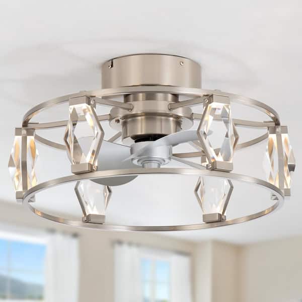 21 in. Integrated LED Indoor Satin Nickel Flush Elegant Caged 6-Speed Ceiling Fan with Light and Remote Control Included