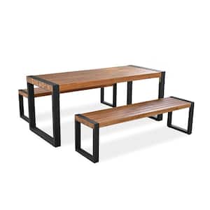 Natural 3-Pieces Wood Outdoor and Indoor Dining Set 2 Benches Acacia Top Texture with Steel Frame for All Weather Use