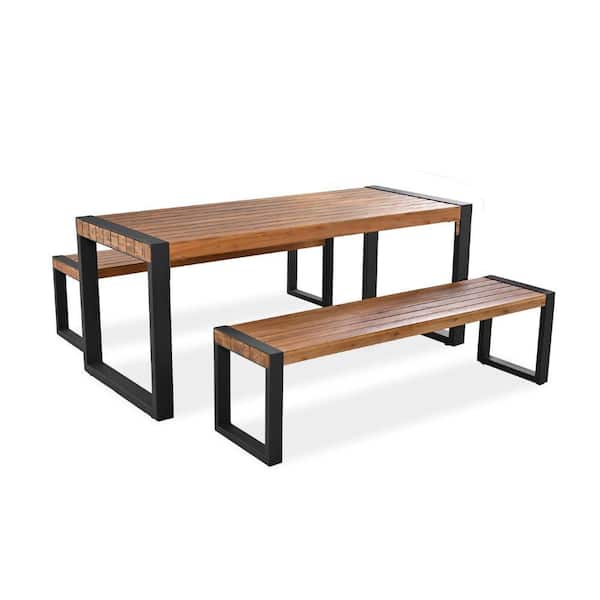 ITOPFOX Natural 3-Pieces Wood Outdoor and Indoor Dining Set 2 Benches Acacia Top Texture with Steel Frame for All Weather Use