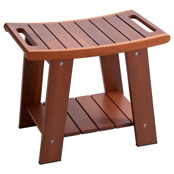 15.7 in. 2-Tier Teak Shower Bench with Shelf and Handle, Solid Wood Shower Stool for Shaving Legs, Waterproof