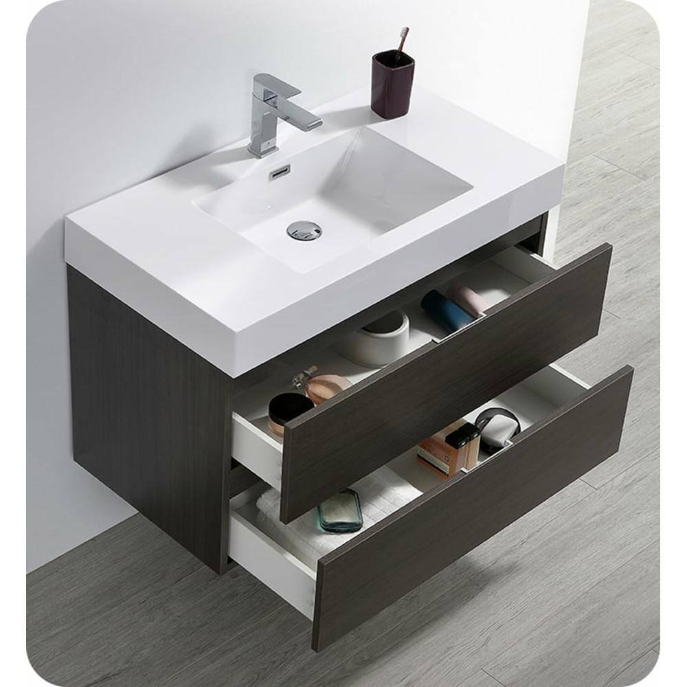Gray Oak 36" Wall-Mount Modern Bathroom Vanity with Acrylic Top