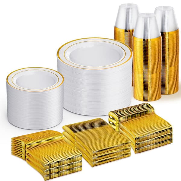 Christmas and Party Series 600-Piece Elegant Gold Plastic Dinnerware Set (Service for 100)