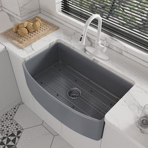 33 in. Farmhouse Apron Single Bowl Matte Gray Fireclay Curved Design Kitchen Sink with Bottom Grid and Strainer