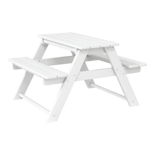 Children's Laguna Outdoor Patio All Weather Plastic 29.75 in. Rectangle Kids Picnic Play Table with Benches in White