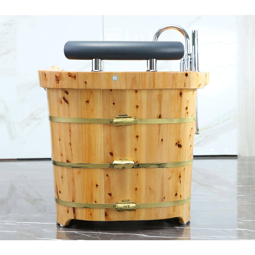 61'' Natural Cedar Freestanding Soaking Bathtub with Chrome Faucet