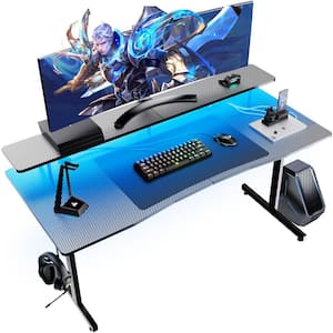 55 in. Wood Gaming Desk with Monitor Stand Black Computer Gamer Desk Ergonomic Carbon Fiber Surface Gaming Table