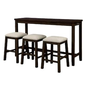 4-Piece Brown Wood Outdoor Dining Set with Beige Cushions, Counter Height Table with Fabric Padded Stools, Socket