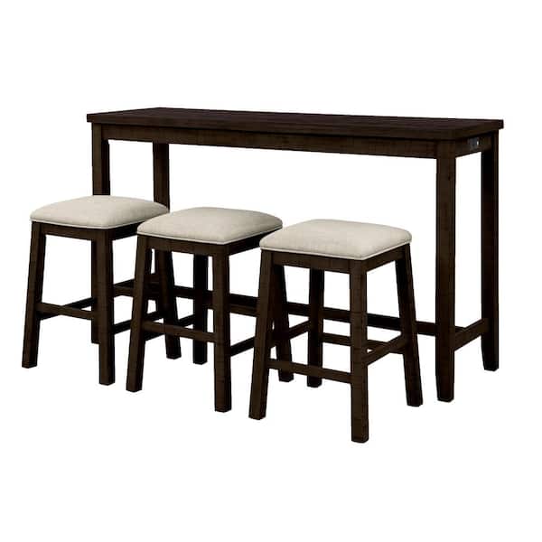 Zeus & Ruta 4-Piece Brown Wood Outdoor Dining Set with Beige Cushions, Counter Height Table with Fabric Padded Stools, Socket