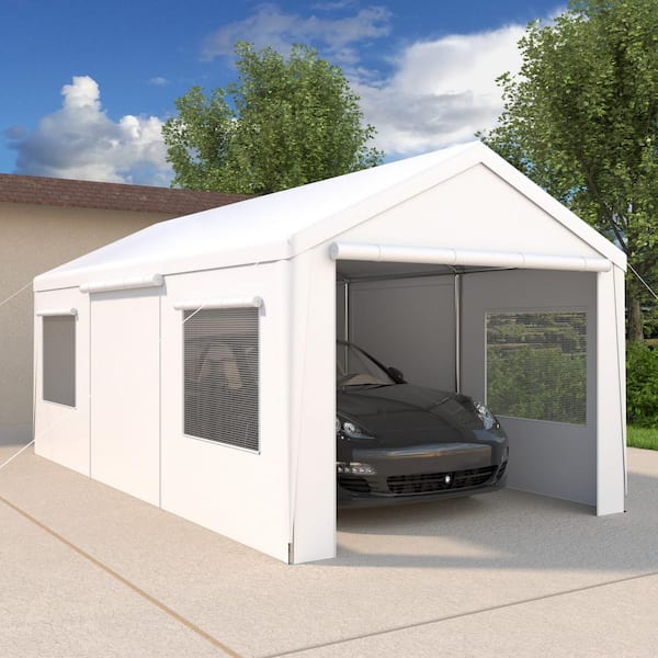 10x20ft Heavy Duty Carport, Portable Garage with Removable Sidewalls and Rolling Vent Doors and Windows, White