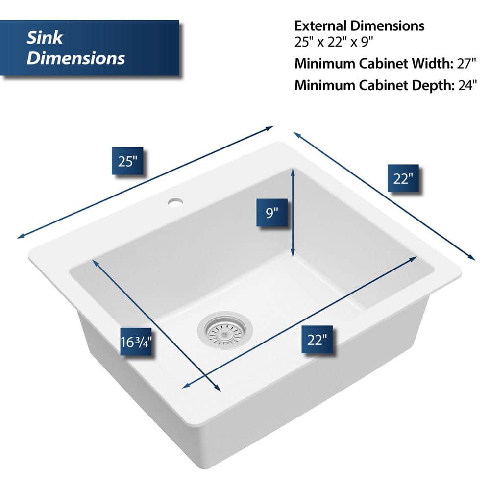 White Quartz 25'' Single Bowl Drop-In Kitchen Sink