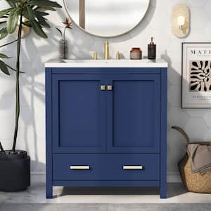 Ami 30 in. W Navy Blue Freestanding With White Resin Top Bathroom Vanity Cabinet With 1 Partitioned Drawer