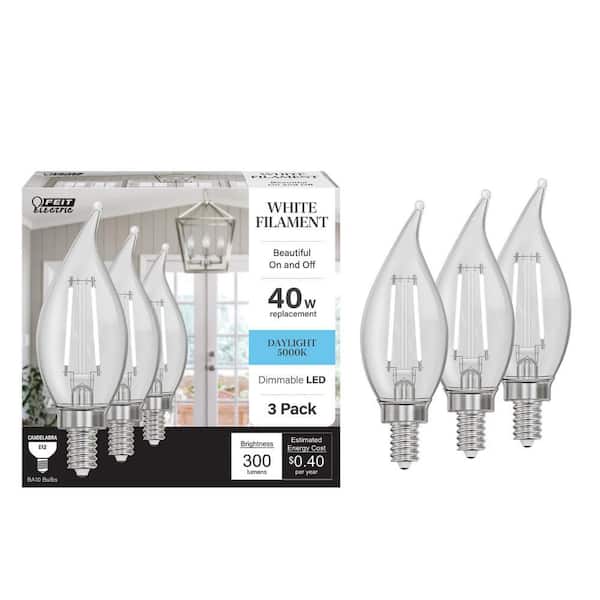 40-Watt Equivalent BA10 E12 Candelabra Dim White Filament Clear Glass Chandelier LED Light Bulb Daylight 5000K (3-Pack)